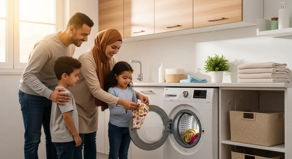 Famille marocaine satisfaite avec leur nouvelle machine à laver