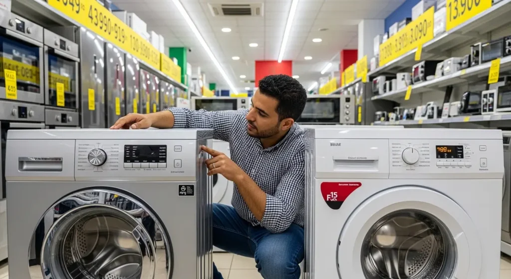 Homme marocain en train de comparer des machines à laver en magasin
