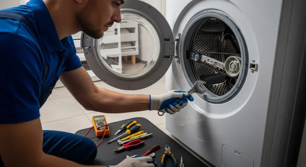 Technicien en train de réparer le tambour d'une machine à laver